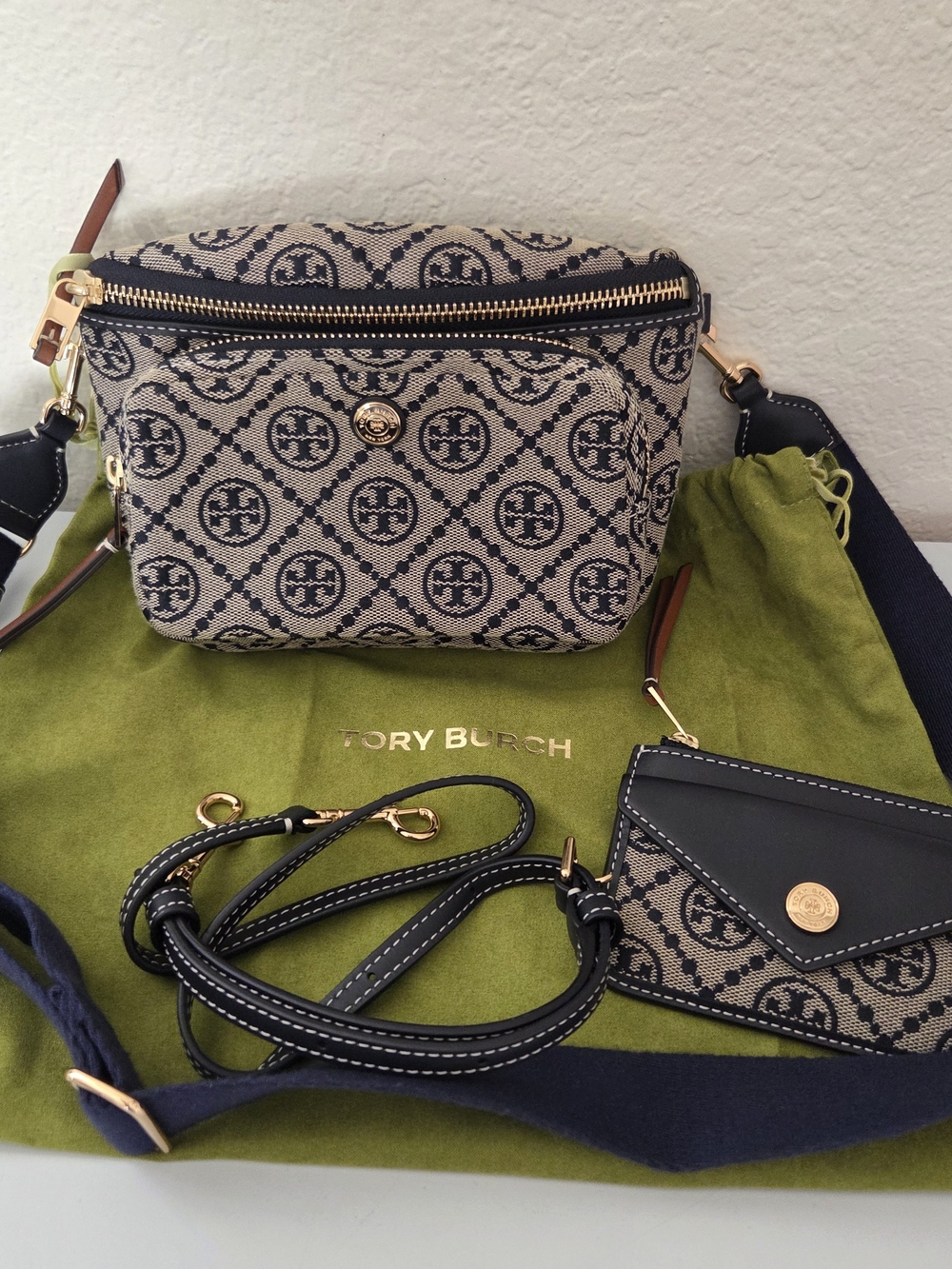 Tory Burch T Monogram Mini Belt Bag in Navy Woven Jacquard W/ Matching Wallet